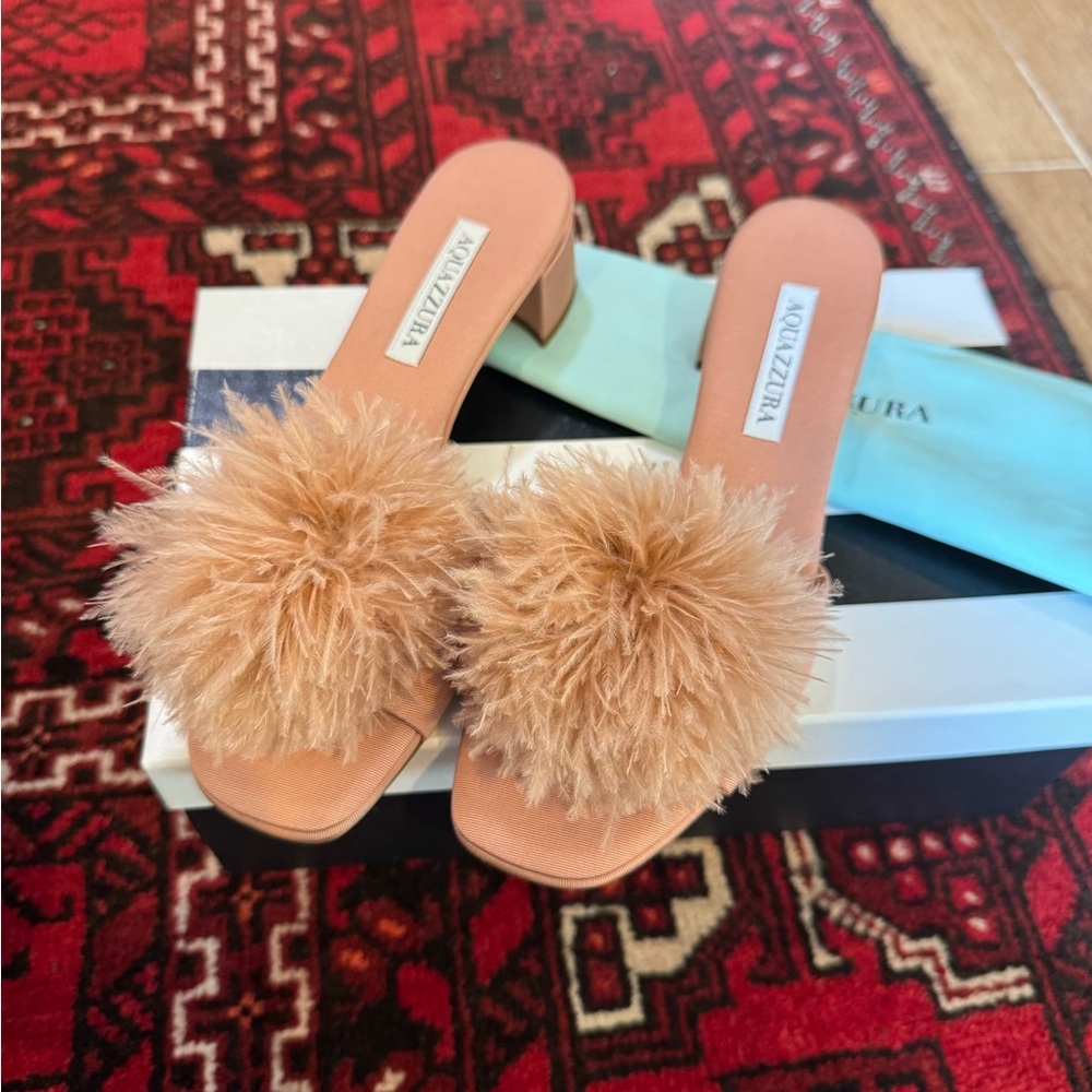 NEW NIB AQUAZZURA Boudoir 30mm Feather-trim Sandals In Rosa 37.5 - Picture 5 of 7